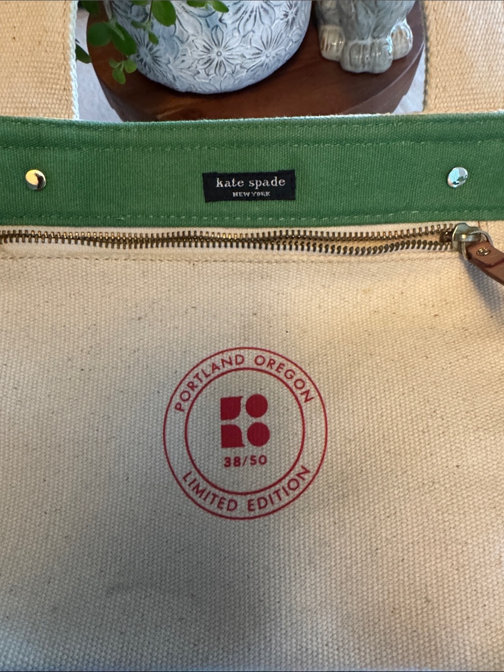 Kate Spade #38/50Portland Oregon Canvas Tote Bag with Pink and Red Script - Picture 2 of 3